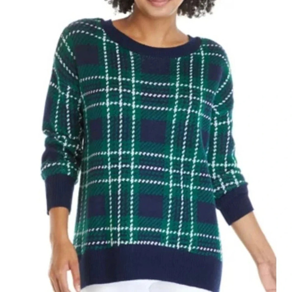 NWT Crown & Ivy Navy Plaid Holiday Party Ribbon Tie Sweater Size Small - Picture 1 of 6